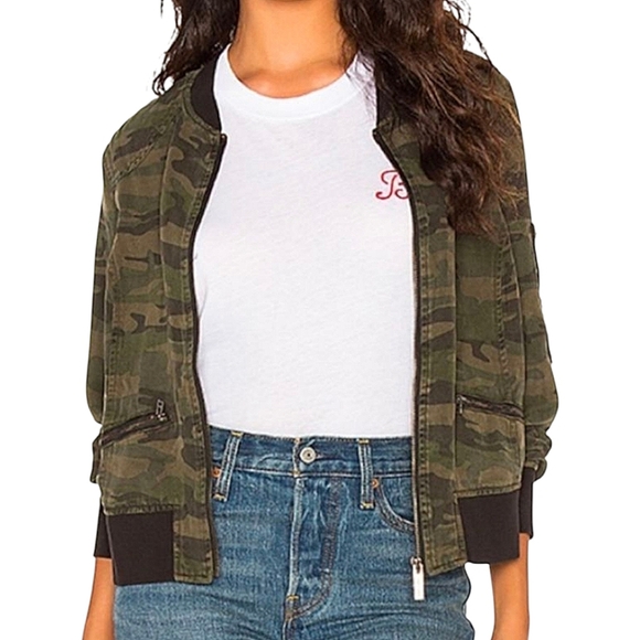 Anthropology Sanctuary Camo Bomber Jacket Zipper Pockets Black Trim Women's M - Picture 2 of 14